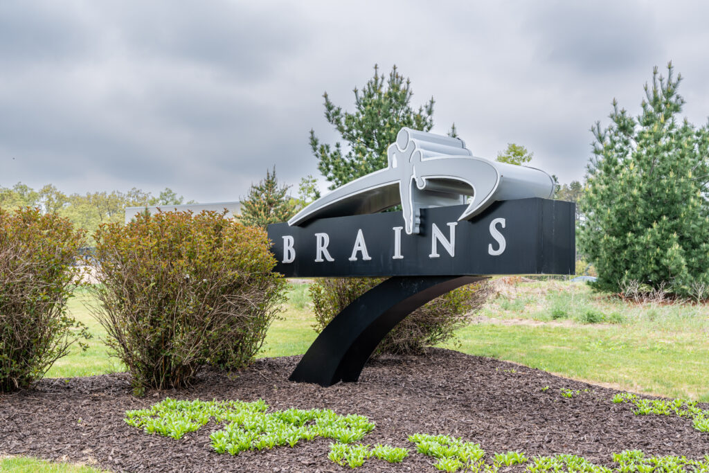 The signage in front of BRAINS in Grand Rapids, Michigan.